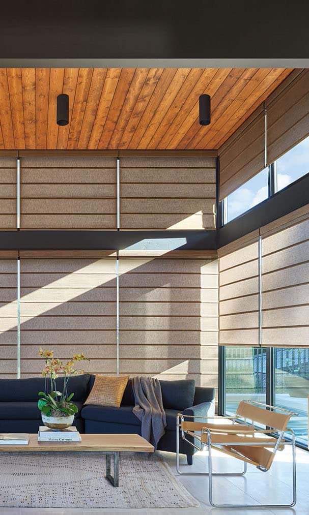 beige shades from hunter douglas in a large living room