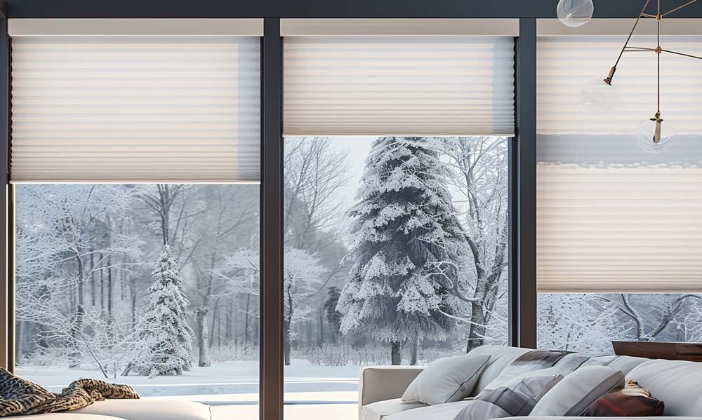 Living room with large windows fitted with cellular shades, looking out to a snowy winter landscape.