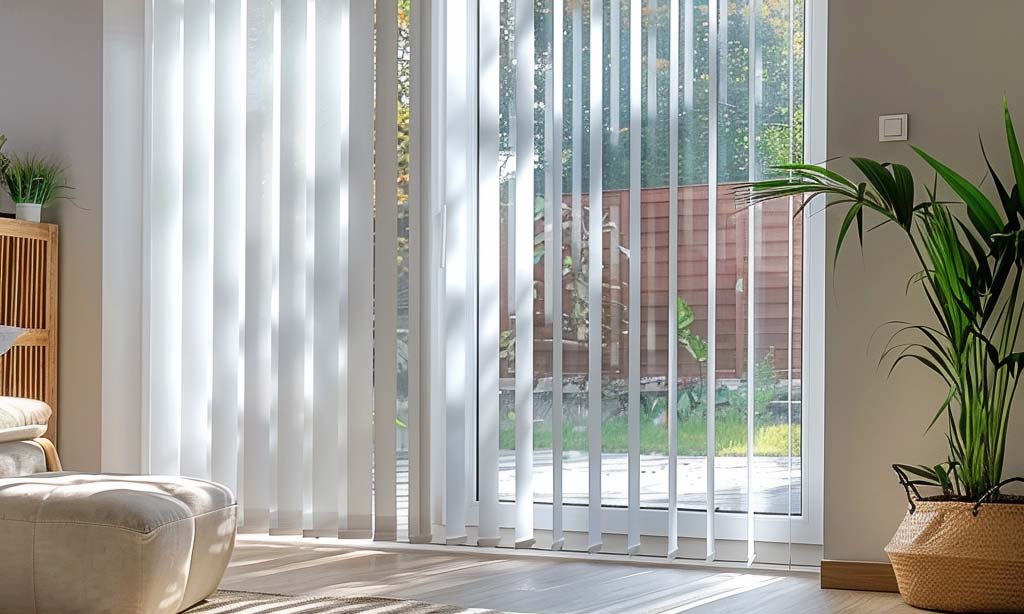 Bright living area with sliding glass doors fitted with white vertical blinds; sunlight spills onto the floor beside indoor plants and a woven basket planter.