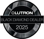 Circular black‑and‑gray badge that reads “Lutron Black Diamond Dealer 2025.”